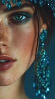 Close-up of a woman with striking blue accessories and makeup showcasing natural features and freckles in vibrant lighting photo
