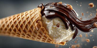 Delicious ice cream cone topped with rich chocolate syrup and crunchy bits in a tempting dessert display photo