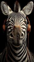 Zebra wearing headphones enjoying music in a stylized artistic representation with vivid detailing photo