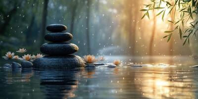 Tranquil water scene with stacked stones and blooming lotus flowers at sunrise photo