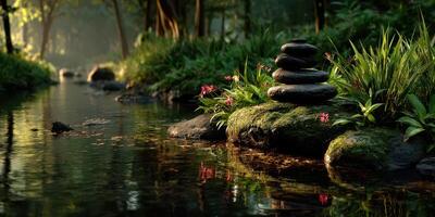 Tranquil morning in a serene forest stream with stacked stones and vibrant flora photo