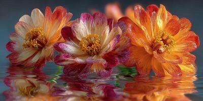 Colorful flowers floating on calm water with vibrant reflections in soft light during afternoon photo