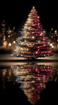 Christmas tree illuminated with colorful lights reflecting on water by festive bokeh in the background during the holiday season photo