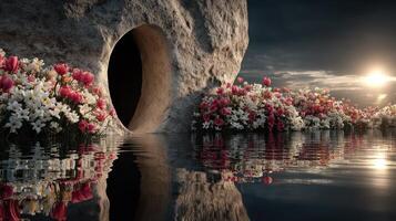 Serene waters reflect a cave entrance adorned with flowers at sunset in a tranquil landscape photo