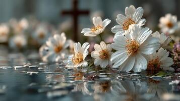 Beautiful white flowers bloom beside a reflective surface in a serene outdoor setting during golden hour photo
