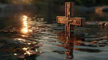 Cross standing in a shallow water pool surrounded by fallen leaves reflecting sunlight at dusk photo