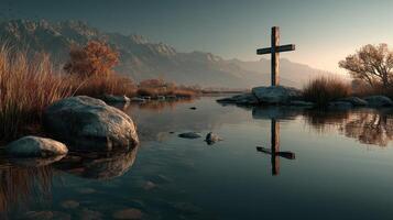 Serenity at sunset with a wooden cross by the calm river in a mountainous landscape photo