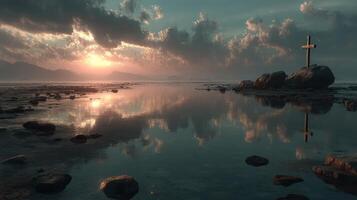 Serene sunset reflection with a cross on a rock in a calm water at twilight photo
