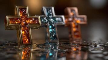 Decorative crosses made of intricate materials with reflections on a wet surface photo