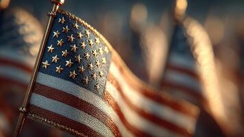 Waving American flags adorned with stars and stripes during a serene sunset at a national memorial site photo