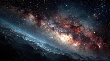 Galactic view of the Milky Way showcasing vibrant colors over a rocky landscape in space photo