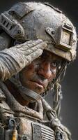 Soldier saluting in muddy combat gear during a military operation in a challenging environment photo