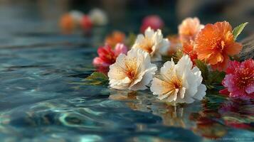 Colorful flowers floating on tranquil water surface with soft ripples in a serene outdoor setting photo
