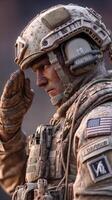 Soldier saluting in dusty terrain during a military operation at dawn, displaying focus and dedication photo