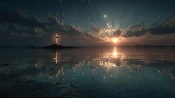 Reflections of dawn light across a tranquil lake under a starry sky with a cross silhouette photo