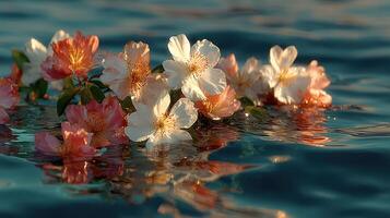 Blossoms floating gracefully on tranquil water during golden hour in a serene natural environment photo