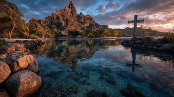 Scenic view of a mountain and cross near a tranquil lagoon at sunset in a tropical location photo