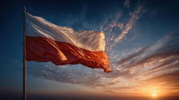 Poland flag waving against a vibrant sunset sky with clouds during twilight photo