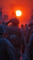 Soldiers salute the setting sun amidst a cold battlefield during twilight hours photo