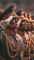Military parade featuring uniformed officers saluting during ceremonial event in city square at dusk photo