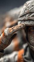 Soldier saluting in uniform during military training exercise at dusk, demonstrating respect and discipline in action photo