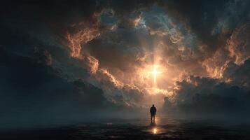 Spiritual awakening at dawn as a figure stands beneath a radiant cross in a mystical sky filled with clouds photo