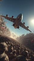 Soldiers gather in a crowded street as a military aircraft flies overhead in a dramatic display of power and presence photo