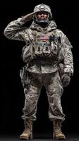 Soldier in camouflage uniform salutes with honor during a military ceremony at dusk in a somber setting photo