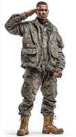 Soldier saluting with respect while wearing military uniform indoors during daylight photo
