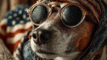 Dog wearing sunglasses and a scarf with an American flag pattern celebrates style and summer vibes outdoors photo