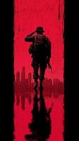 Soldier saluting with a city skyline in the background during a dramatic sunset photo