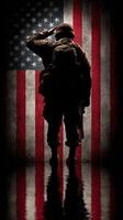 Soldier saluting in front of American flag showcasing patriotism and honor during a solemn moment photo