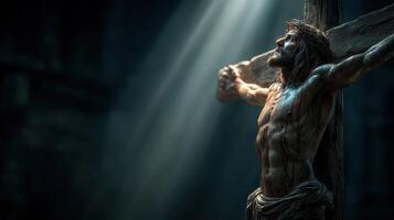 Powerful depiction of crucifixion highlighting sacrifice and spiritual significance in a dark setting photo