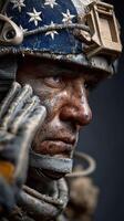Soldier preparing for mission in detailed military uniform with intense expression captured in a close-up setting photo