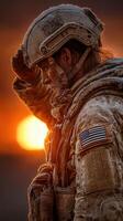 Soldier salutes during sunset while dressed in winter military gear, highlighting duty and resilience photo