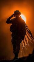 Soldier saluting against a vibrant sunset backdrop while honoring duty and sacrifice photo