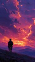 Soldiers stand against a breathtaking sunset view over mountains during twilight hours in a dramatic landscape photo