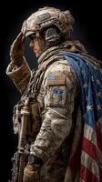 Soldier saluting patriotically with an American flag draped over his shoulder in a solemn moment of respect photo