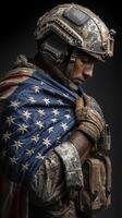 Soldier draped in American flag reflecting on duty during a solemn moment photo