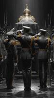 Military honor guard pays tribute during a solemn ceremony with a casket in a darkened setting photo