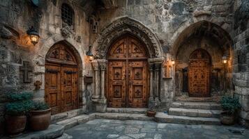 Historic courtyard featuring wooden doors and stone architecture illuminated by ambient lighting in a charming old town photo