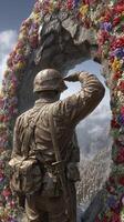 Soldier saluting at a memorial with flowers during a remembrance ceremony at a historical site on a cloudy day photo