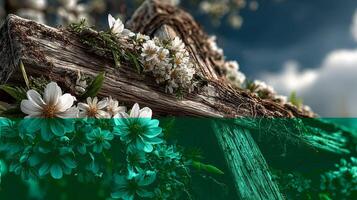 Wooden cross adorned with white flowers amidst a serene natural backdrop during daylight photo