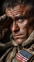 Soldier salutes after a long mission in a rugged environment, showcasing determination and resilience photo