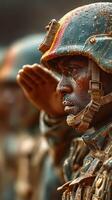 Soldiers in salute during a solemn military ceremony at dawn in a rain-soaked landscape photo