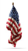 Waving fabric American flag displayed on a wooden pole with vibrant colors and intricate folds photo
