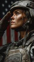 Soldier saluting with determination against a weathered flag backdrop during a poignant moment of pride and service photo