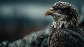 Majestic eagle perched on rocky terrain in a misty landscape during twilight hours photo