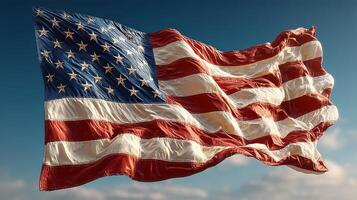 American flag waving in the wind against a clear sky on a sunny day photo