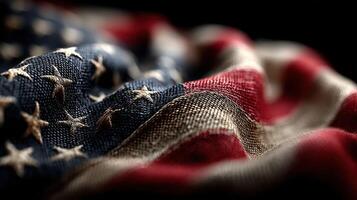 American flag in close-up showcasing intricate fabric details and vibrant colors during a dramatic lighting effect photo